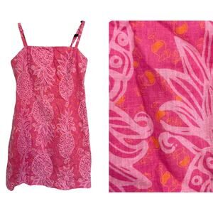 LILLY PULITZER Pink Linen-Cotton Blend Dress Smocked Back Pineapple Drinks Sz 10